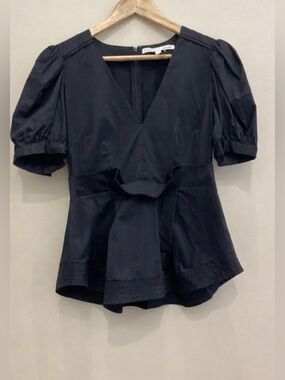 Veronica Beard Black Puff-Sleeve Peplum Top